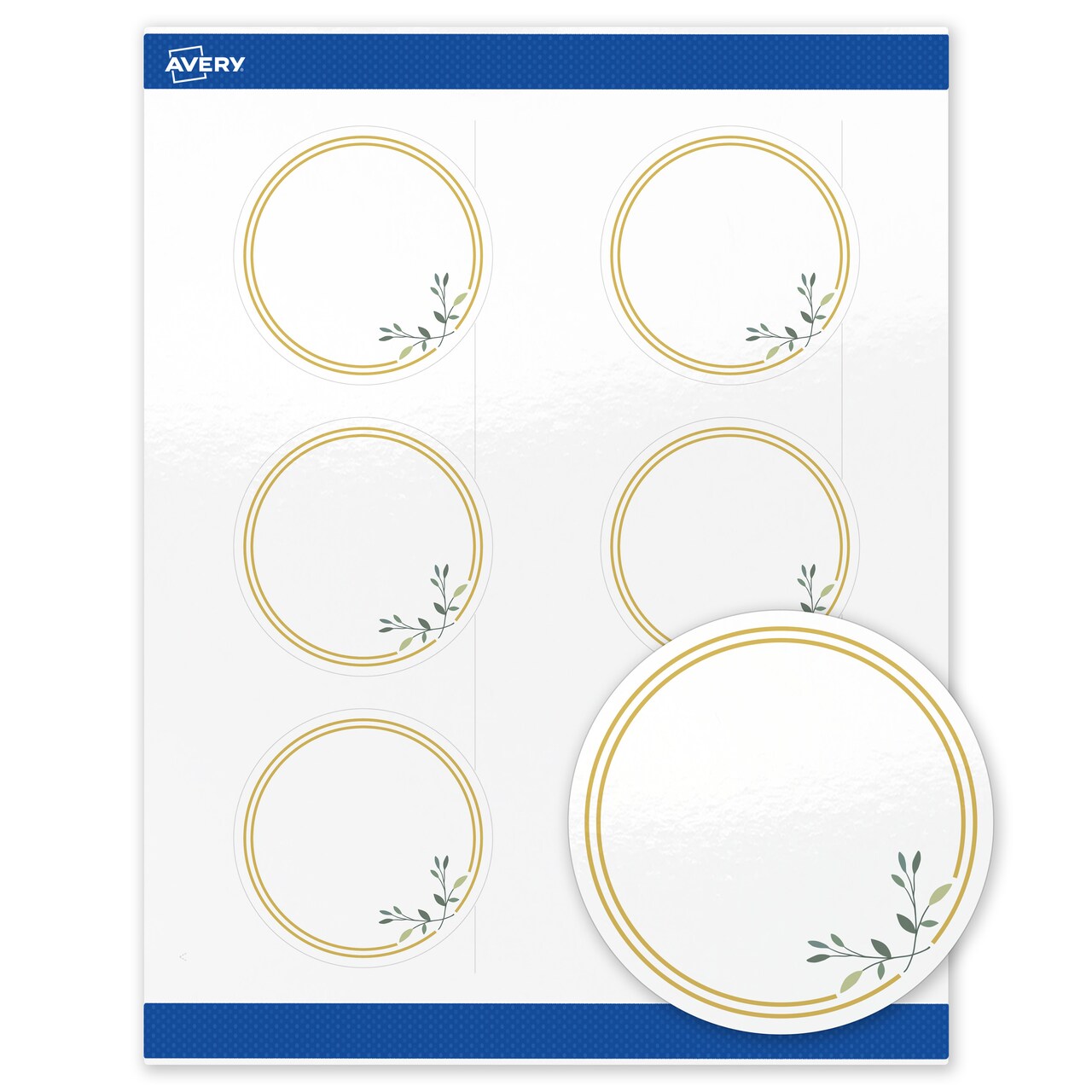 Avery Printable Round Labels, Gold Double Border with Florals, 3" Diameter, Glossy White Round Labels, Permanent, Laser/Inkjet, 60ct, Great for Product Labels